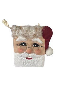 Handpainted Ceramic Santa Claus Face Red Gift Bag With Raffia Handles